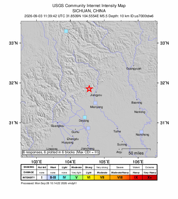 USGS DYFI community-reported intensity map for the M5.5 earthquake near 17 km WNW of Jiangyou, China