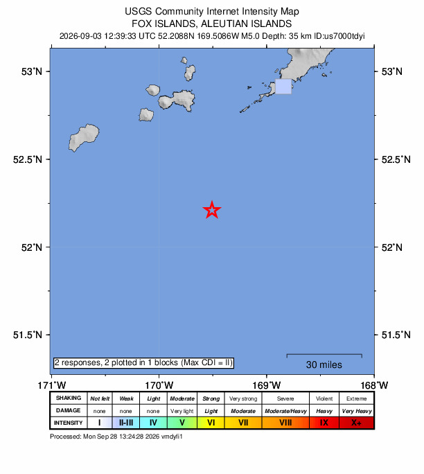 USGS DYFI community-reported intensity map for the M5.0 earthquake near 92 km SSW of Nikolski, Alaska