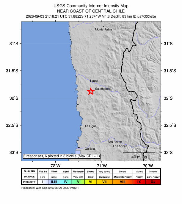 USGS DYFI community-reported intensity map for the M4.8 earthquake near 28 km WSW of Salamanca, Chile