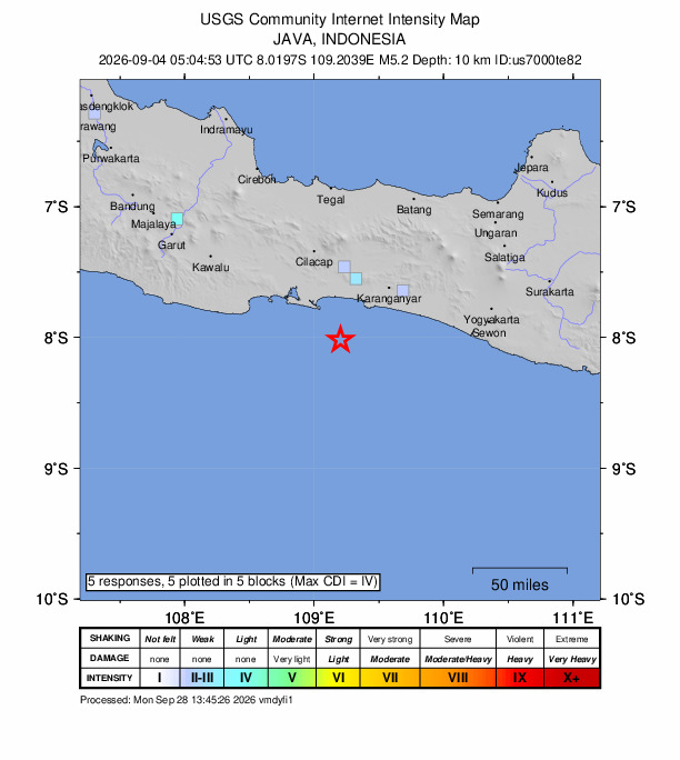 USGS DYFI community-reported intensity map for the M5.2 earthquake near 30 km SSE of Cilacap, Indonesia