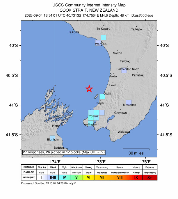 USGS DYFI community-reported intensity map for the M4.6 earthquake near 28 km NW of Raumati Beach, New Zealand