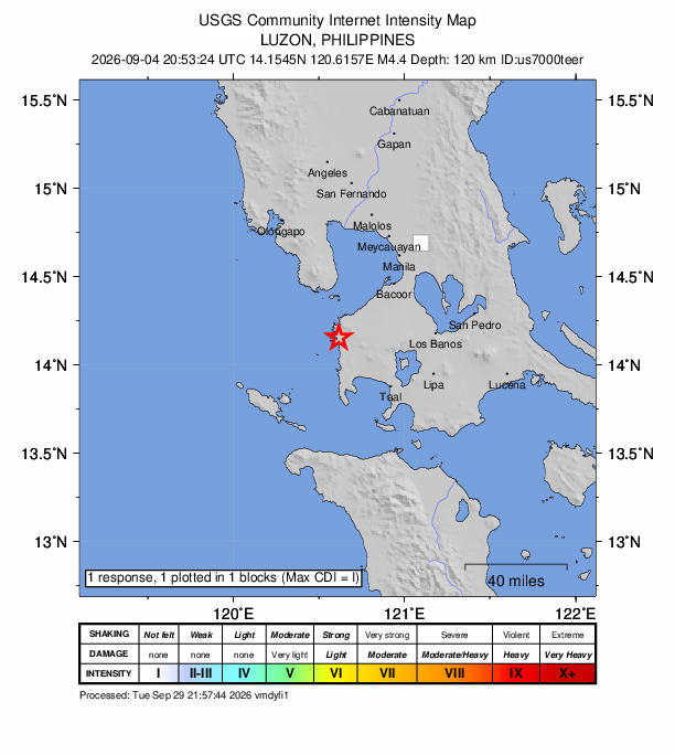 USGS DYFI community-reported intensity map for the M4.4 earthquake near 1 km SW of Looc, Philippines