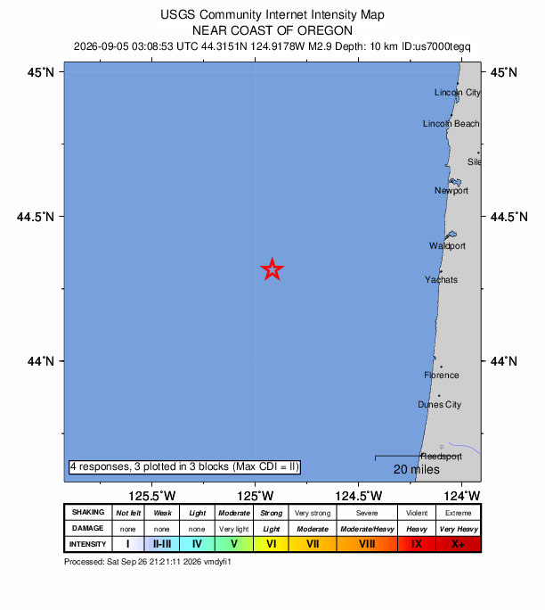 USGS DYFI community-reported intensity map for the M2.9 earthquake near 64 km W of Yachats, Oregon