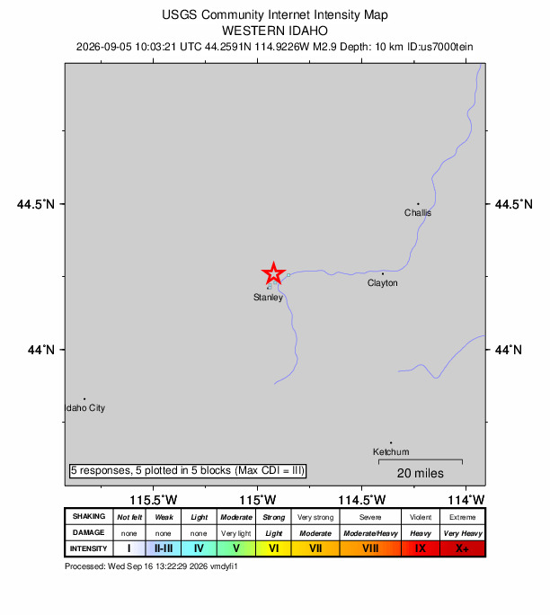 USGS DYFI community-reported intensity map for the M2.9 earthquake near 4 km NNE of Stanley, Idaho