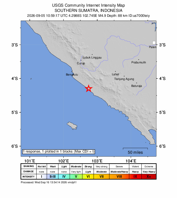 USGS DYFI community-reported intensity map for the M4.9 earthquake near 63 km WSW of Pagar Alam, Indonesia