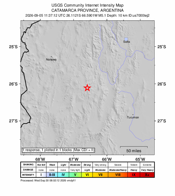 USGS DYFI community-reported intensity map for the M5.1 earthquake near 61 km W of Cafayate, Argentina