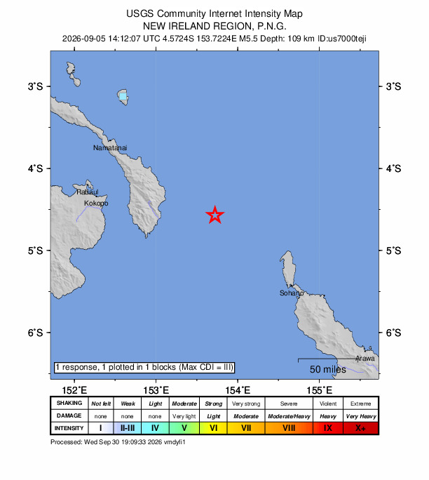 USGS DYFI community-reported intensity map for the M5.5 earthquake near 162 km E of Kokopo, Papua New Guinea