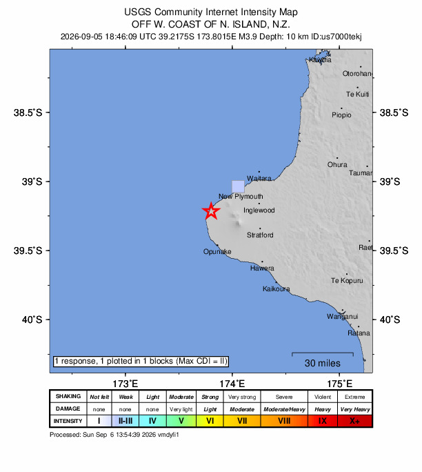 USGS DYFI community-reported intensity map for the M3.9 earthquake near 12 km N of Rahotu, New Zealand