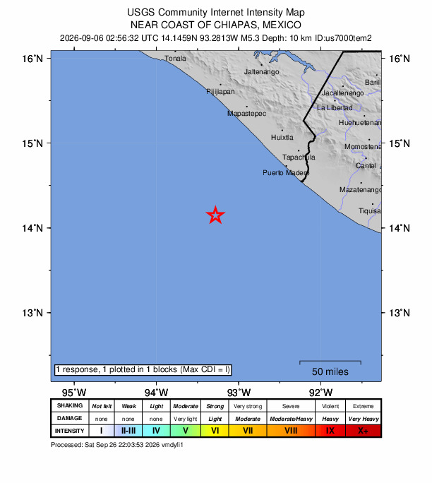 USGS DYFI community-reported intensity map for the M5.3 earthquake near 112 km WSW of Puerto Madero, Mexico