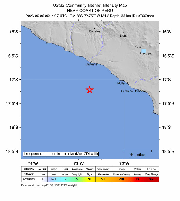 USGS DYFI community-reported intensity map for the M4.2 earthquake near 65 km SSW of Quilca, Peru