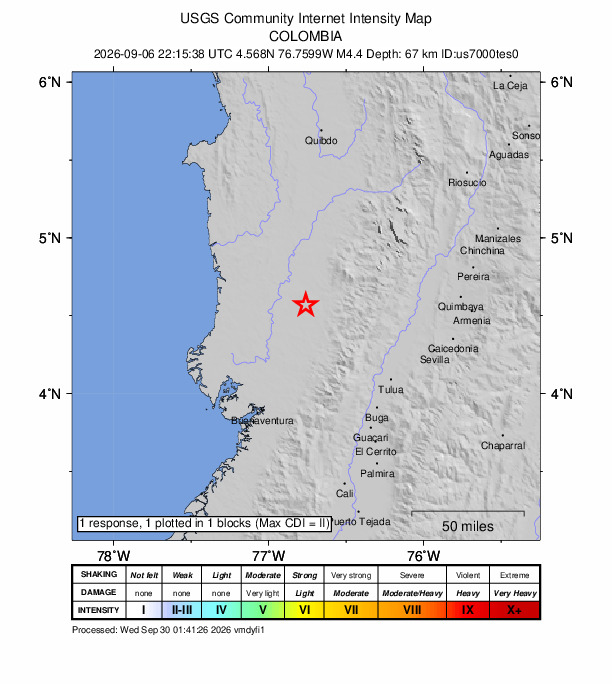 USGS DYFI community-reported intensity map for the M4.4 earthquake near 15 km SW of Sipí, Colombia
