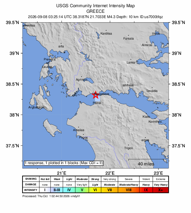USGS DYFI community-reported intensity map for the M4.3 earthquake near 5 km WSW of Antirrio, Greece