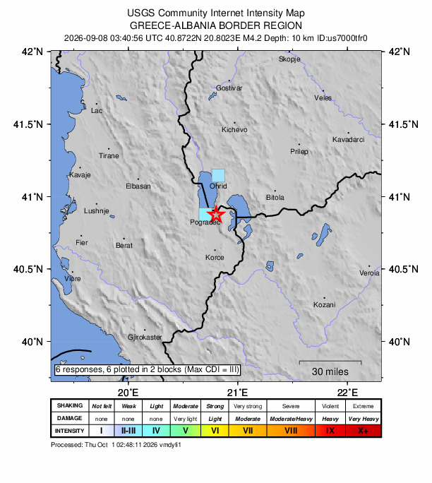 USGS DYFI community-reported intensity map for the M4.2 earthquake near 13 km ESE of Pogradec, Albania