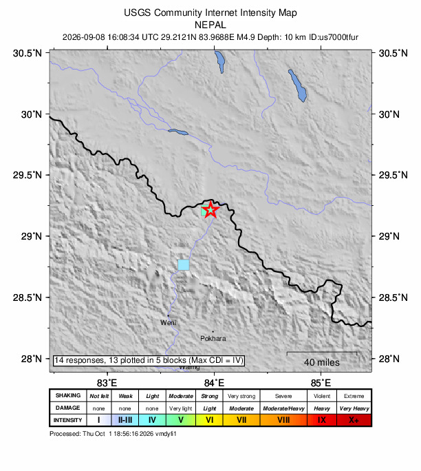 USGS DYFI community-reported intensity map for the M4.9 earthquake near 90 km NNE of Chitre, Nepal