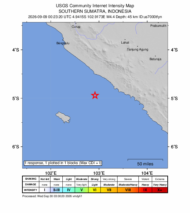 USGS DYFI community-reported intensity map for the M4.4 earthquake near 107 km SSW of Pagar Alam, Indonesia