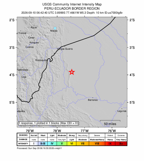 USGS DYFI community-reported intensity map for the M5.3 earthquake near 123 km WSW of Alianza Cristiana, Peru