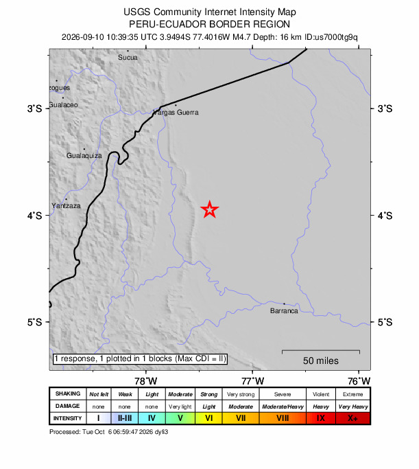USGS DYFI community-reported intensity map for the M4.7 earthquake near 119 km WSW of Alianza Cristiana, Peru