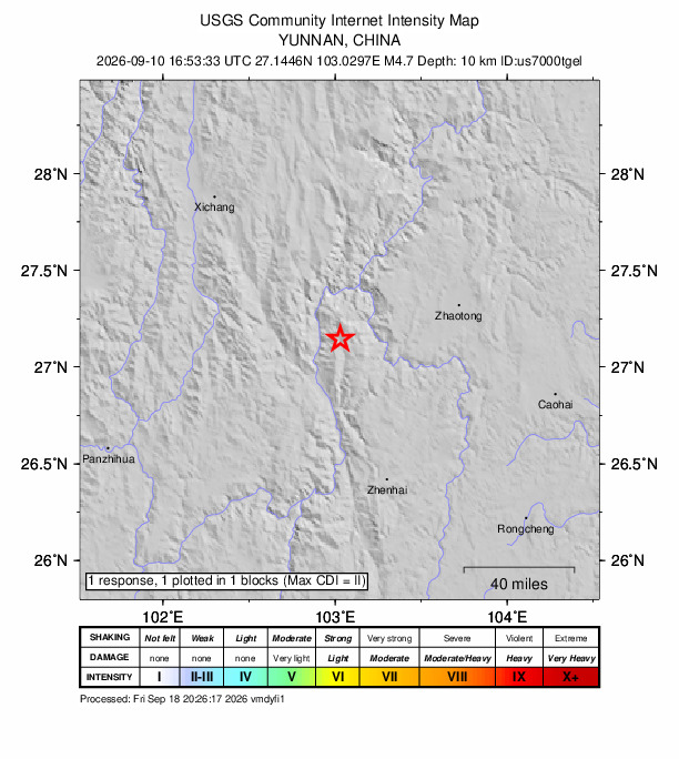 USGS DYFI community-reported intensity map for the M4.7 earthquake near 70 km WSW of Zhaotong, China