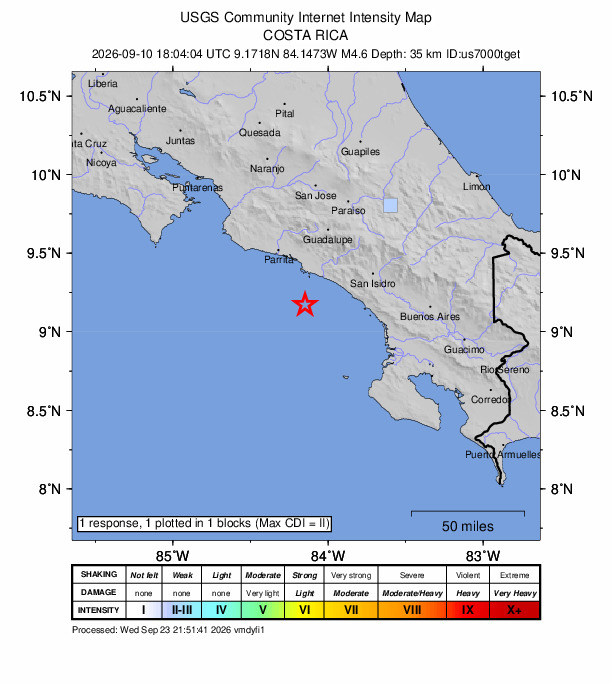 USGS DYFI community-reported intensity map for the M4.6 earthquake near 28 km S of Quepos, Costa Rica