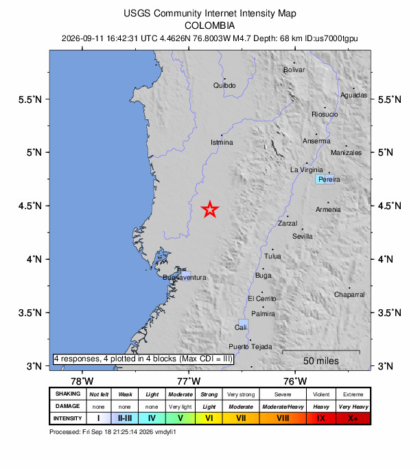 USGS DYFI community-reported intensity map for the M4.7 earthquake near 27 km SW of Sipí, Colombia