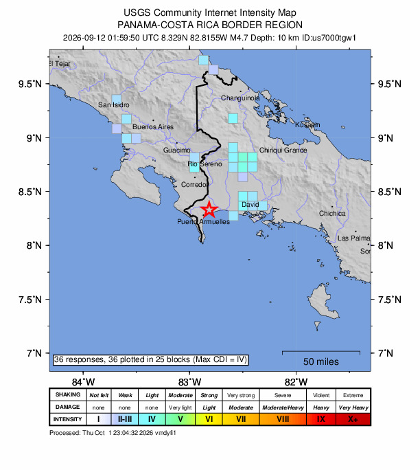 USGS DYFI community-reported intensity map for the M4.7 earthquake near 0 km NE of Manaca Civil, Panama