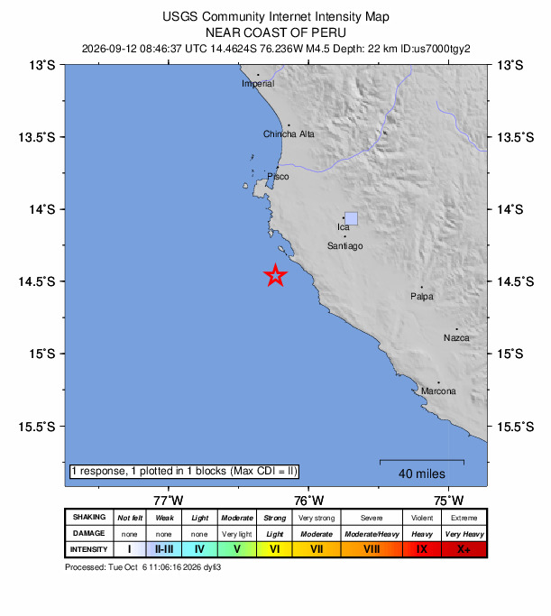 USGS DYFI community-reported intensity map for the M4.5 earthquake near 64 km WSW of Santiago, Peru