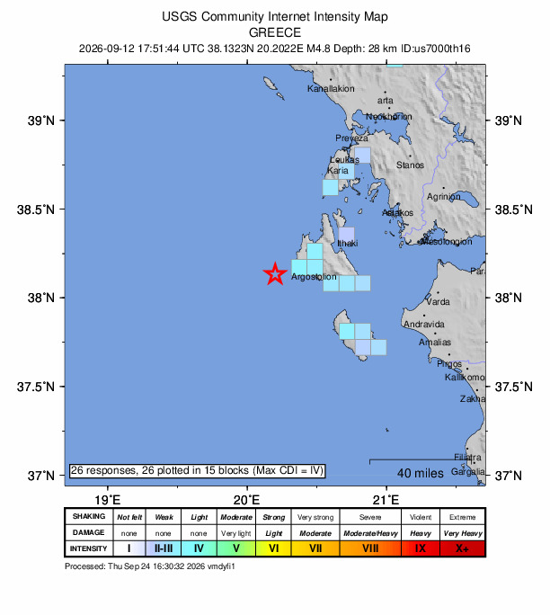 USGS DYFI community-reported intensity map for the M4.8 earthquake near 21 km WSW of Lixoúri, Greece