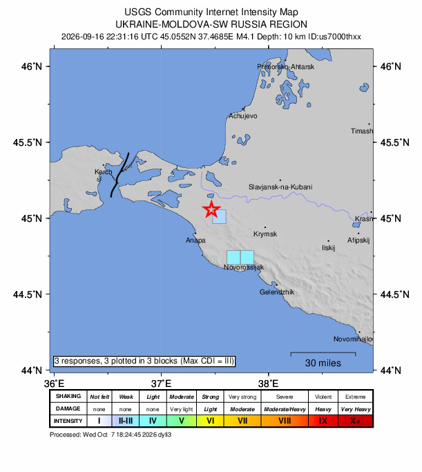 USGS DYFI community-reported intensity map for the M4.1 earthquake near 4 km NW of Gostagayevskaya, Russia