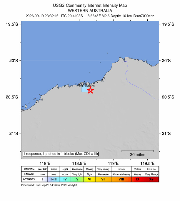 USGS DYFI community-reported intensity map for the M2.6 earthquake near 6 km E of South Hedland, Australia