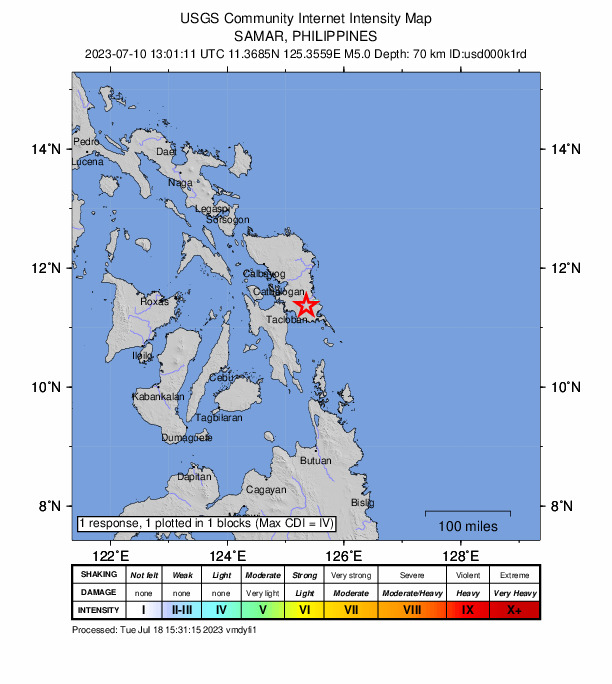 USGS DYFI community-reported intensity map for the M5.0 earthquake near 17 km WSW of Cabay, Philippines