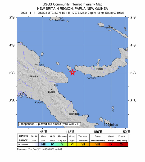 USGS DYFI community-reported intensity map for the M5.9 earthquake near 74 km NNE of Finschhafen, Papua New Guinea