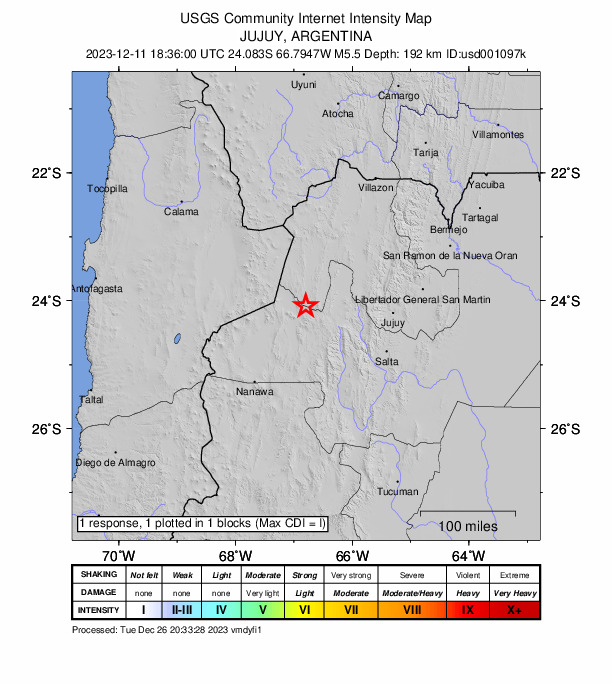 USGS DYFI community-reported intensity map for the M5.5 earthquake near 49 km WNW of San Antonio de los Cobres, Argentina