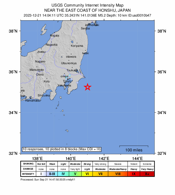 USGS DYFI community-reported intensity map for the M5.2 earthquake near 56 km E of Ōhara, Japan