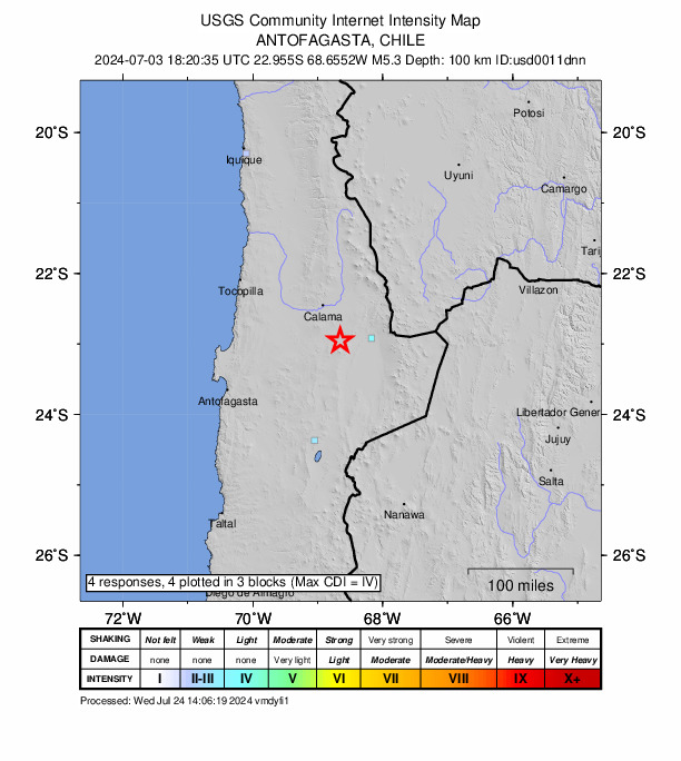 USGS DYFI community-reported intensity map for the M5.3 earthquake near 45 km W of San Pedro de Atacama, Chile