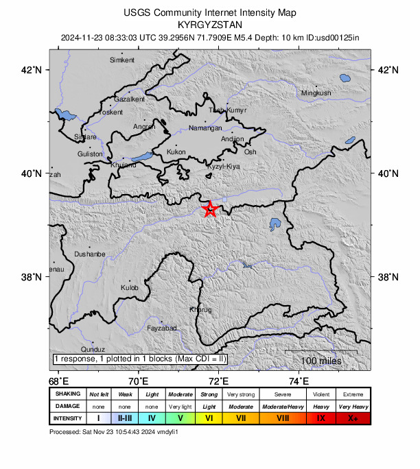 USGS DYFI community-reported intensity map for the M4.9 earthquake near 29 km ENE of Karakenja, Tajikistan