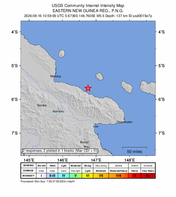 USGS DYFI community-reported intensity map for the M5.5 earthquake near 118 km ESE of Madang, Papua New Guinea