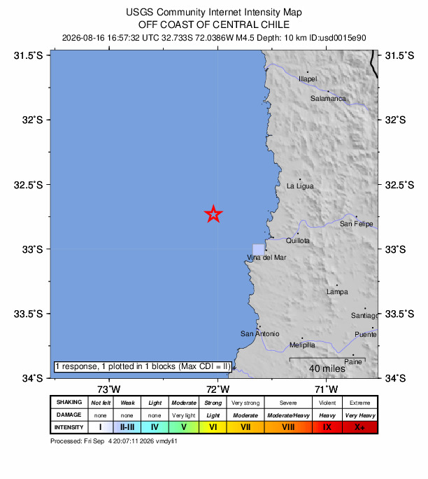 USGS DYFI community-reported intensity map for the M4.5 earthquake near 50 km NW of Valparaíso, Chile