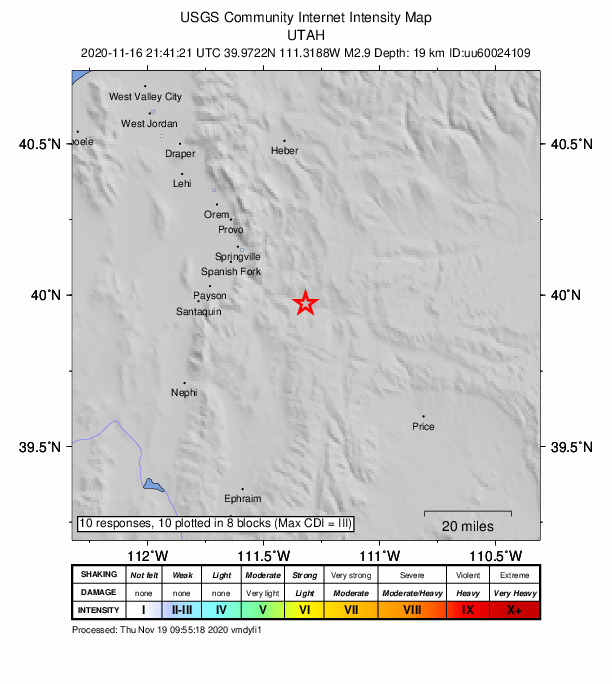 USGS DYFI community-reported intensity map for the M2.9 earthquake near 28 km SE of Mapleton, UT