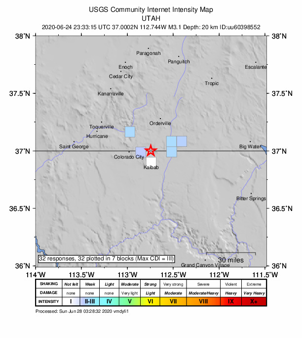 USGS DYFI community-reported intensity map for the M3.1 earthquake near 10 km N of Moccasin, Arizona