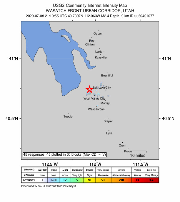 USGS DYFI community-reported intensity map for the M2.4 earthquake near 4 km NE of Magna, Utah