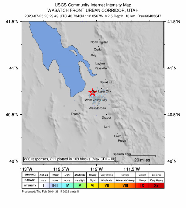 USGS DYFI community-reported intensity map for the M2.5 earthquake near 4 km NE of Magna, Utah