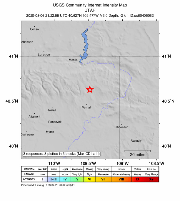 USGS DYFI community-reported intensity map for the M3.0 earthquake near 19 km NNE of Maeser, Utah