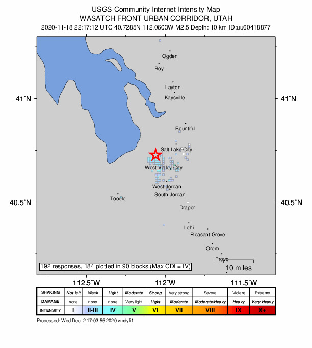 USGS DYFI community-reported intensity map for the M2.5 earthquake near 4 km ENE of Magna, UT