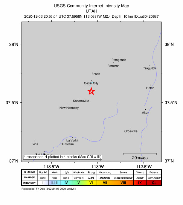 USGS DYFI community-reported intensity map for the M2.4 earthquake near 9 km S of Cedar City, Utah