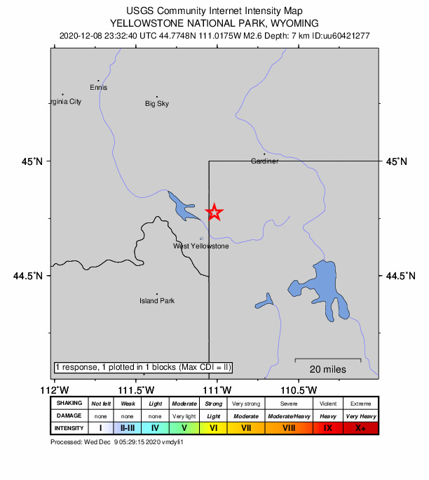 USGS DYFI community-reported intensity map for the M2.6 earthquake near 13 km E of Hebgen Lake Estates, Montana