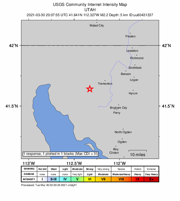 USGS DYFI community-reported intensity map for the M2.2 earthquake near 6 km SSW of Thatcher, Utah