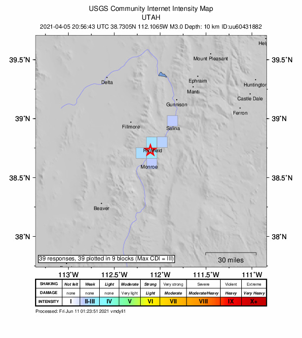USGS DYFI community-reported intensity map for the M3.0 earthquake near 3 km NNW of Central Valley, Utah