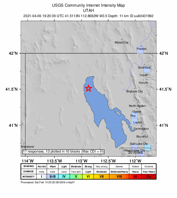 USGS DYFI community-reported intensity map for the M3.5 earthquake near 47 km SW of Howell, Utah