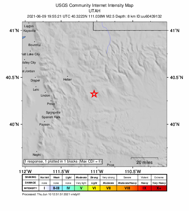USGS DYFI community-reported intensity map for the M2.5 earthquake near 18 km E of Independence, Utah