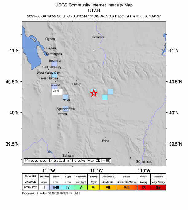 USGS DYFI community-reported intensity map for the M3.6 earthquake near 17 km E of Independence, Utah